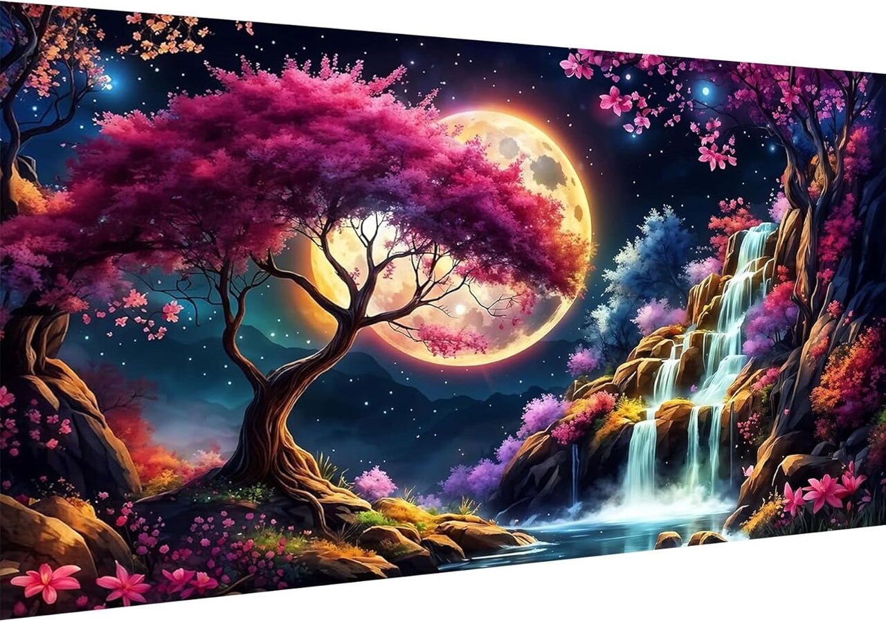 5D Large Size Diamond Painting Art Kits for Adults Diamond Art Waterfall Sakura Landscape Diamond Art Painting Full Drill Craft Kits for Fantasy Home Wall Decor
